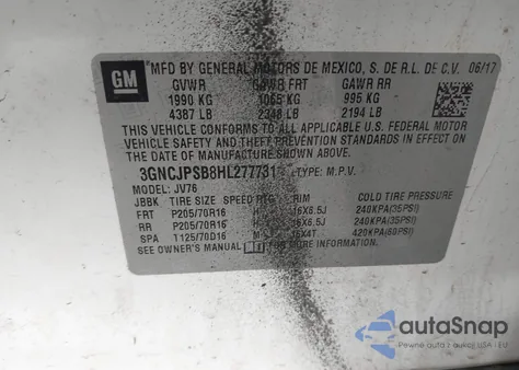 2017 Chevrolet Trax Lt from USA, damaged, VIN 3GNCJPSB8HL277731